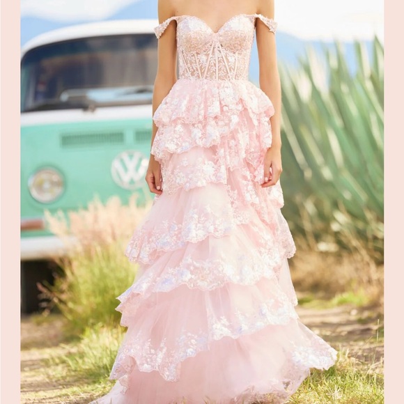 Sherri Hill Blush Pink Lace Off-Shoulder A-Line Tulle Sequin Prom Gown - Picture 4 of 8